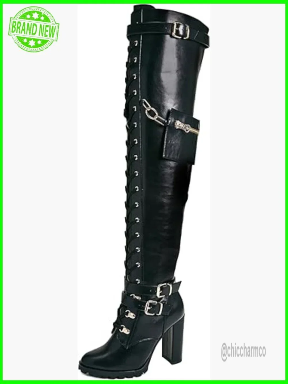 Thigh High Boots Chunky Heel Over The Knee Lace Up Combat Boots Side Zipper